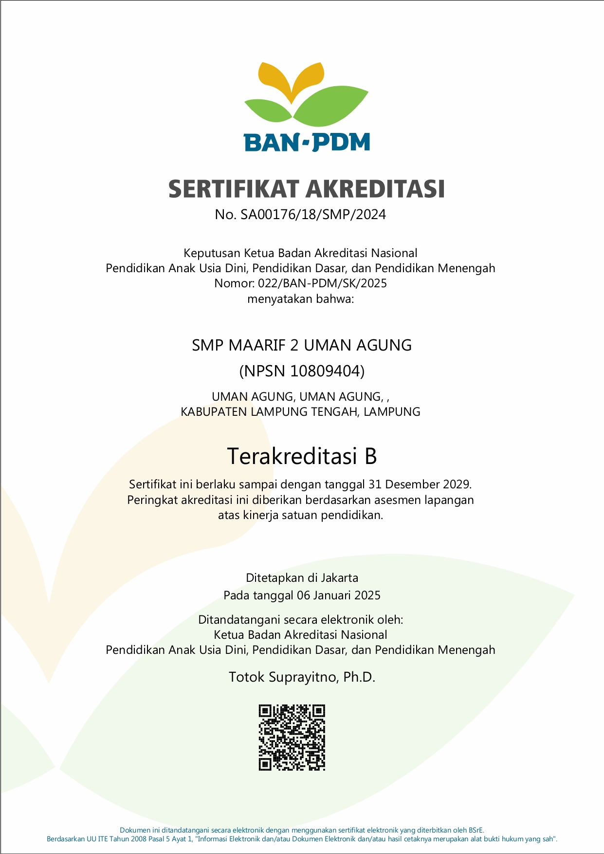 Cover: Hasil Akreditasi SMP Maarif 2 Uman Agung Terakreditasi B (Baik)